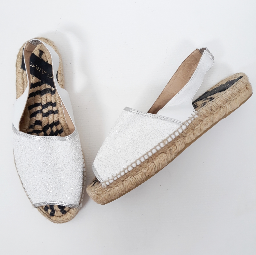 Gaimo White Glitter Leather Slingback Espadrilles